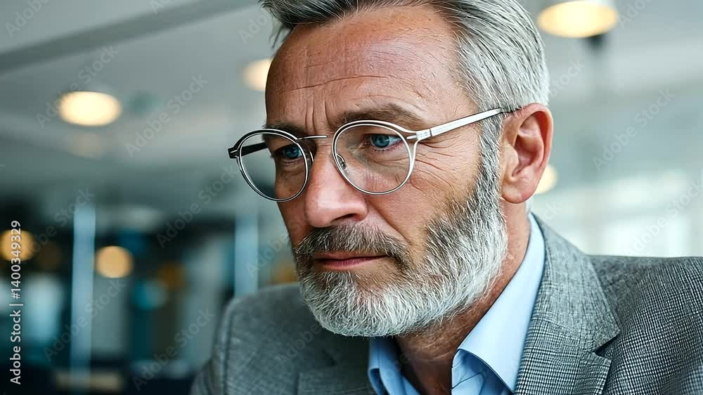 Experienced businessman engaging with a digital tablet in a modern office setting. Experienced businessman engaging with a digital tablet in a modern office setting.