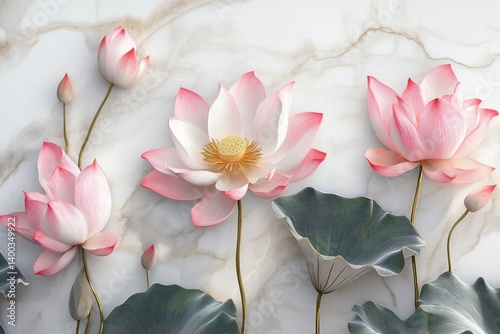 Delicate pink lotus flowers on marble background