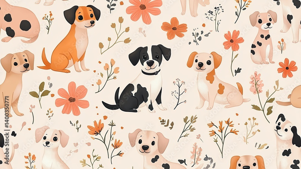 Naklejka premium Charming dog and floral pattern offering a delicate and heartwarming aesthetic