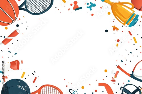A border with sports elements, such as basketballs and tennis rackets, a trophy, and footballs