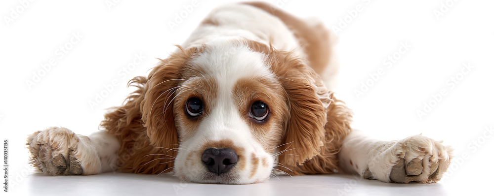 Adorable English cocker spaniel puppy lying on the ground with its fluffy ears stretched wide and eyes looking up curiously against a bright white background