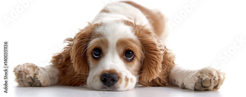 Obraz na płótnie Adorable English cocker spaniel puppy lying on the ground with its fluffy ears stretched wide and eyes looking up curiously against a bright white background w salonie