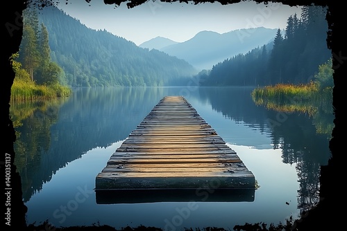 Empty wooden dock extending over still lake water reflecting the summer sky and surrounding greenery, copy space on the right.