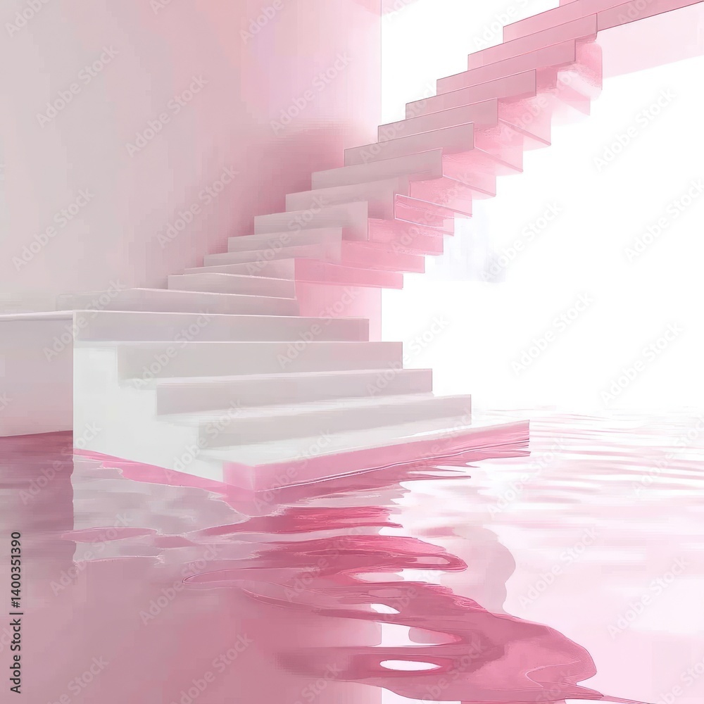 Pink Staircase in a Modern, Minimalist Interior. A spiral staircase with white steps and pink accents, in a room with a pink reflective floor