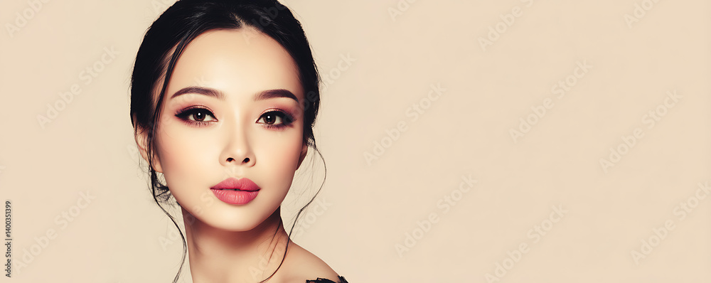 Beautiful Asian woman with flawless makeup and styled hair wearing a red floral dress and matching earrings gazes at the camera against a soft beige backdrop