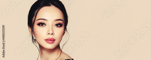 Obraz na płótnie Beautiful Asian woman with flawless makeup and styled hair wearing a red floral dress and matching earrings gazes at the camera against a soft beige backdrop w salonie