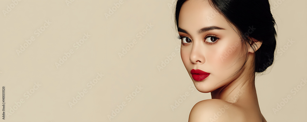 Beautiful Asian woman with flawless makeup and styled hair wearing a red floral dress and matching earrings gazes at the camera against a soft beige backdrop