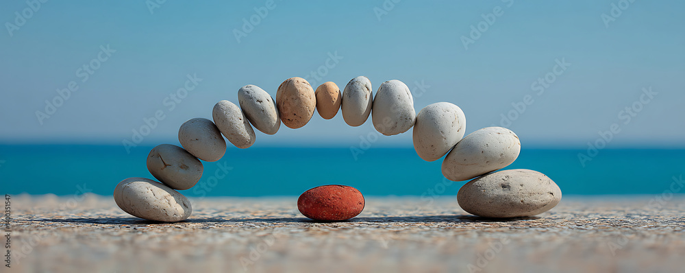Symmetrical arch made of various smooth pebble stones arranged carefully in balance on a flat surface near a calm ocean background under a bright sky