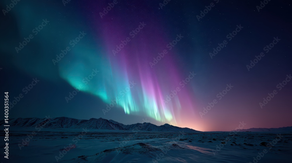 Naklejka premium Vibrant northern lights dance across a dark sky, casting colorful reflections over a serene, snow-blanketed landscape. The scene evokes a sense of wonder and tranquility