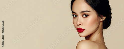 Obraz na płótnie Beautiful Asian woman with flawless makeup and styled hair wearing a red floral dress and matching earrings gazes at the camera against a soft beige backdrop w salonie