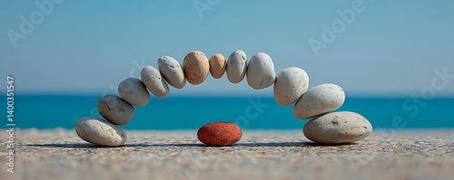 Obraz na płótnie Symmetrical arch made of various smooth pebble stones arranged carefully in balance on a flat surface near a calm ocean background under a bright sky w salonie