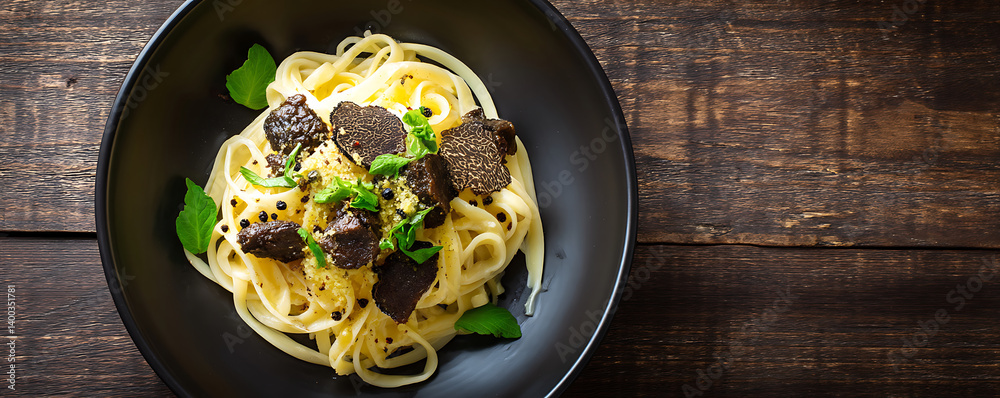 Top view of linguine pasta with fried chicken liver and herbs
