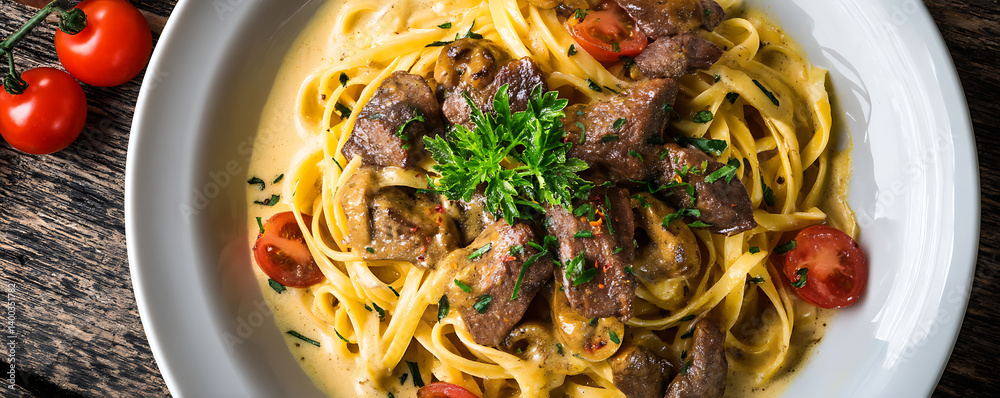 Top view of linguine pasta with fried chicken liver and herbs