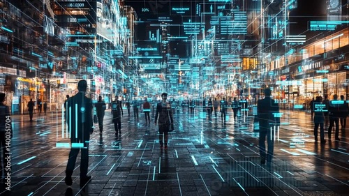 Wallpaper Mural Futuristic city street at night with digital overlays and people walking amidst glowing data visuals Torontodigital.ca