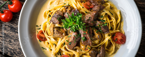 Obraz na płótnie Top view of linguine pasta with fried chicken liver and herbs w salonie