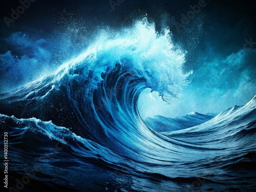 Moody Abstract Blue-Tinted Wave, Black and White Photography, High Depth of Field