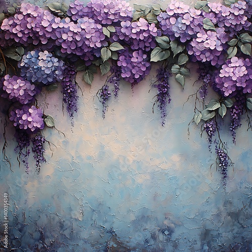 Ethereal hand-painted floral ink elements on linen canvas, wisteria and hydrangeas in muted lavender and sage, soft diffused lighting, dreamy blurred edges, macro perspective