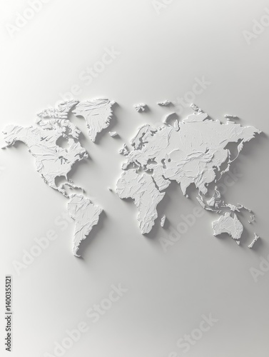Minimalist white world map with textured surface and subtle shadow creating a clean and modern global representation perfect for design and illustration