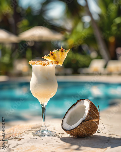 Pina Colada cocktail on the beach with coconut and exotic flower. High quality photo