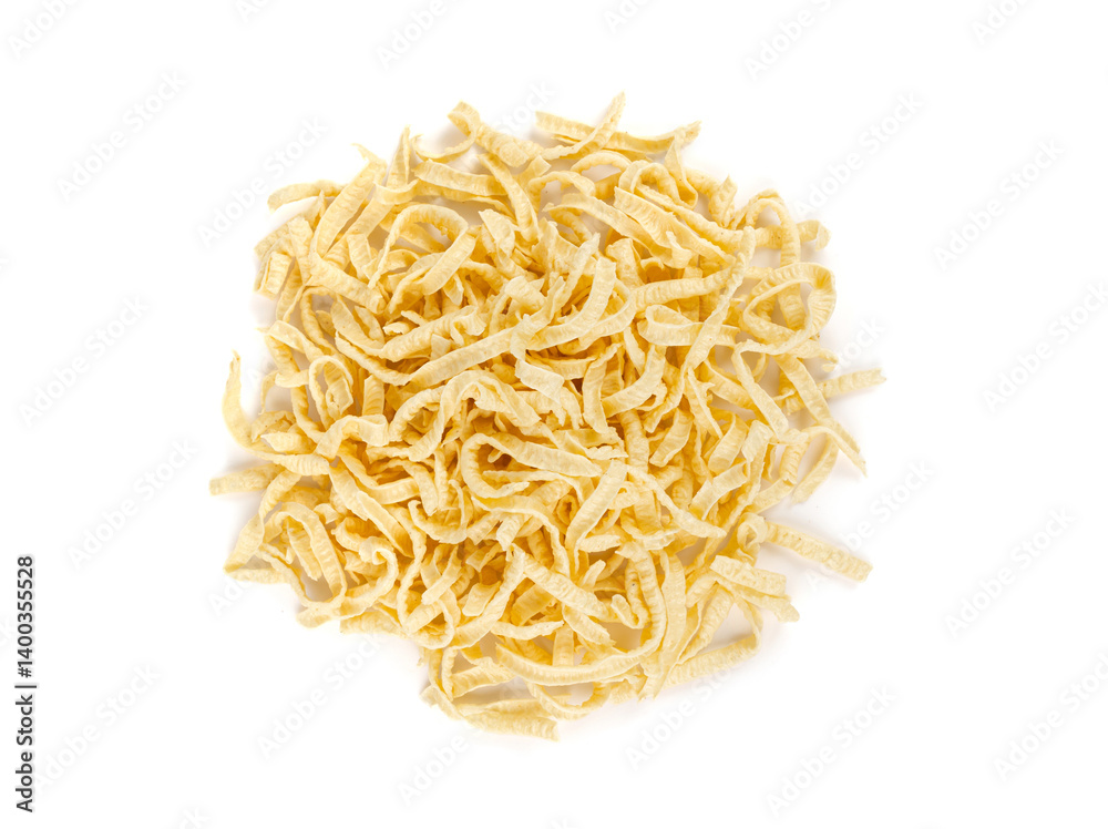 Passatelli spatzle pasta isolated, raw spaetzle noodles, dry homemade german macaroni Passatelli spatzle pasta isolated, raw spaetzle noodles, dry homemade german macaroni