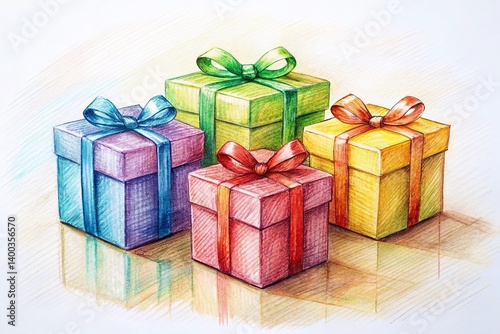 Modern Minimalist Sketch: Four Colorful Gift Boxes, Simple Pencil Drawing