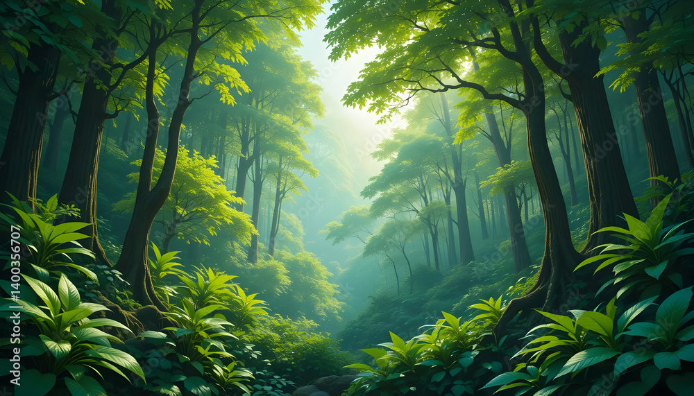 Fototapeta premium Lush Green Forest Path Sunlight Canopy Digital Art