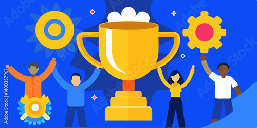 Golden winner trophy and cup with candles symbolize success and achievement in a vector illustration, Golden winner trophy and cup with candles symbolize success and achievement in a vector 