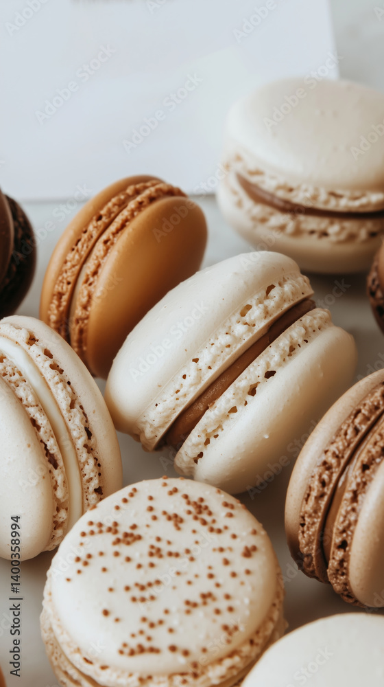 Elegant assortment of macarons showcasing various flavors and textures on a clean surface Elegant assortment of macarons showcasing various flavors and textures on a clean surface