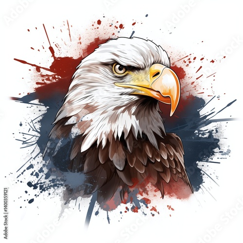 American bald eagle illustration with paint splatter surrounding it