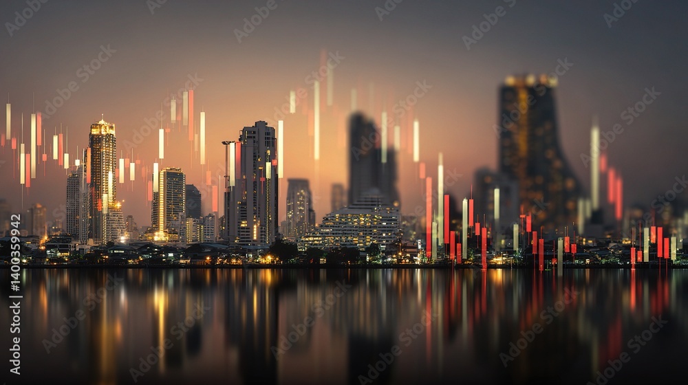 Fototapeta premium Bangkok Skyline with Candlestick Chart Overlay at Dusk