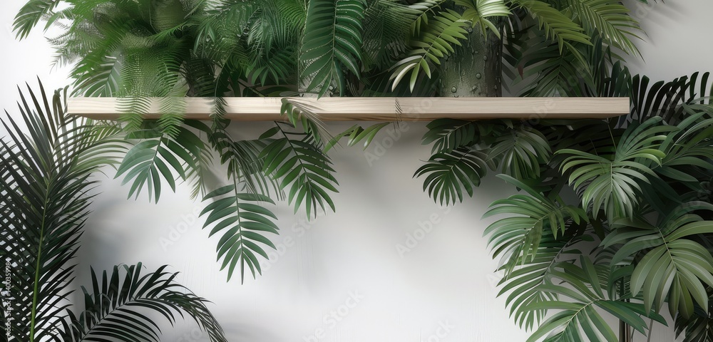 Serene Green Oasis with Wooden Shelf