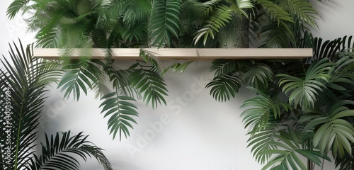 Obraz na płótnie Serene Green Oasis with Wooden Shelf w salonie
