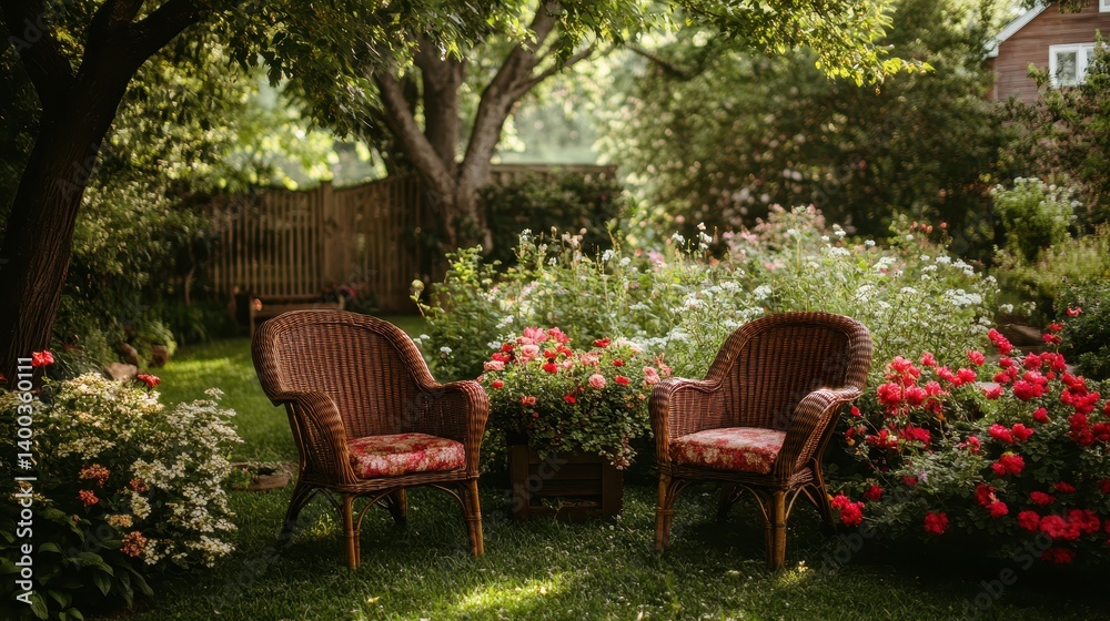 Chairs arranged in a vibrant garden surrounded by colorful flowers in warm afternoon sunlight