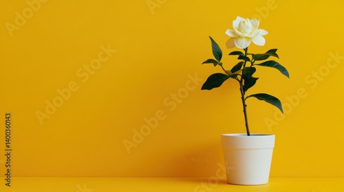 Serene gardenia blossom in white pot against a vibrant yellow backdrop evoking peace and simplicity in a minimalist style