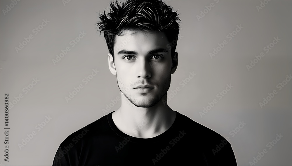 a striking black and white portrait of a handsome young man with tousled hair and intense gaze against a neutral backdrop. a striking black and white portrait of a handsome young man with tousled hair and intense gaze against a neutral backdrop.