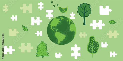 Eco friendly illustration with planet Earth, puzzle pieces, and trees. Conceptual green background for environmental awareness, sustainability, and climate action design.