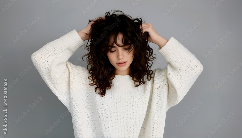 Fototapeta premium a young woman with voluminous dark curly hair gently touches her head while wearing a cozy white sweater against a neutral gray backdrop.
