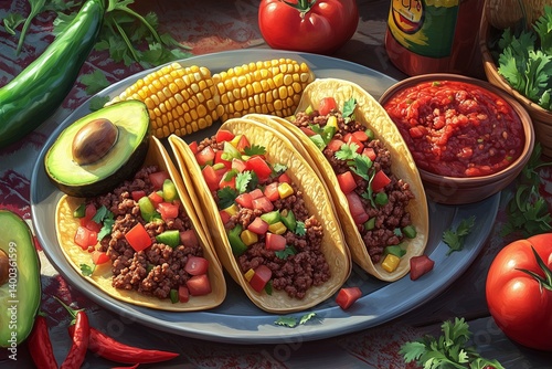 Three appetizing tacos served on a plate with various ingredients, creating a vibrant and flavorful mexican-inspired meal