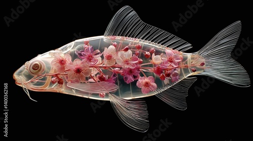 Delicate glass fish sculpture encasing pink cherry blossom petals in ethereal artistic composition
