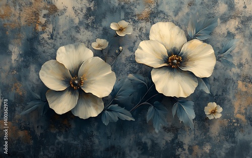 Faded floral impressions, diluted ink texture, stretched canvas frame, tilted perspective, soft shadow.