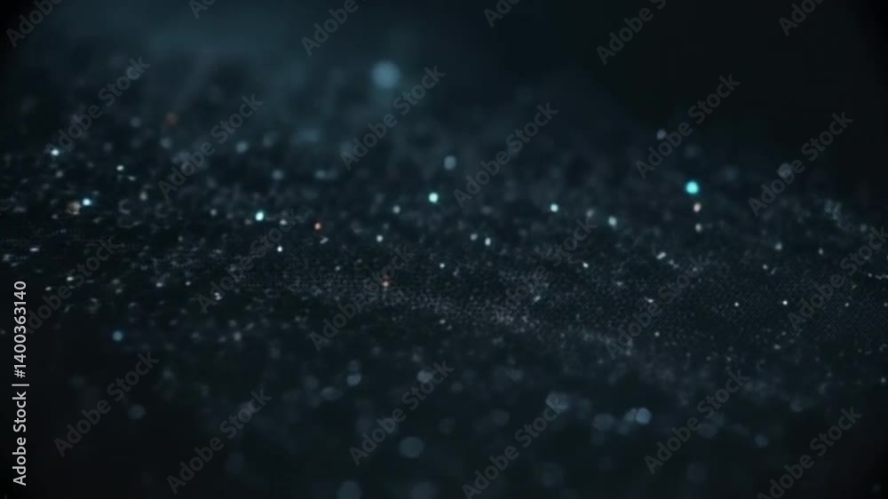 Deep dark textured surface subtly illuminated with scattered, tiny shimmering particles creating a mysterious and slightly ethereal atmosphere. Abstract background concept and video footage 