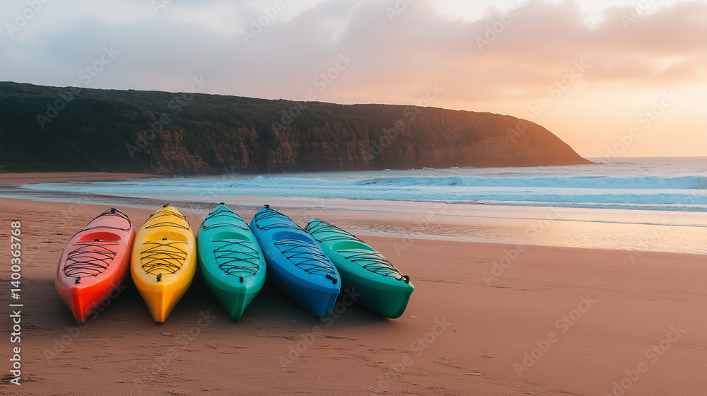 Row of colorful kayaks resting on sandy beach at sunset. Row of colorful kayaks resting on sandy beach at sunset.