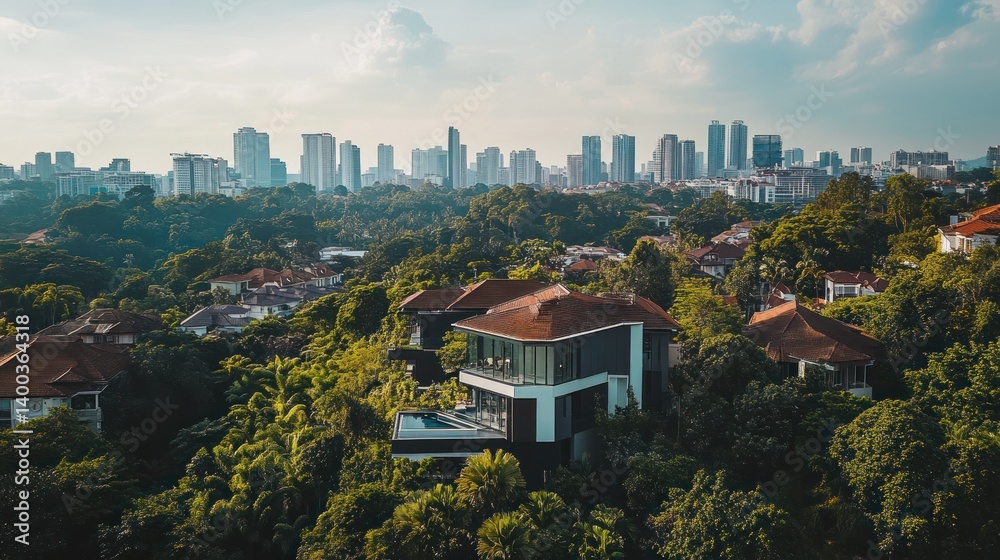 Obraz premium Luxury Home in Lush Greenery with City Skyline