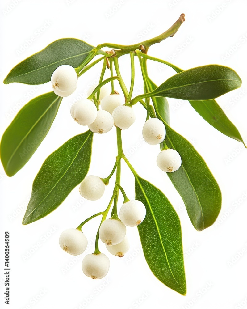 Mistletoe Branch with White Berries and Green Leaves on White Background Botanical Still Life Mistletoe Branch with White Berries and Green Leaves on White Background Botanical Still Life