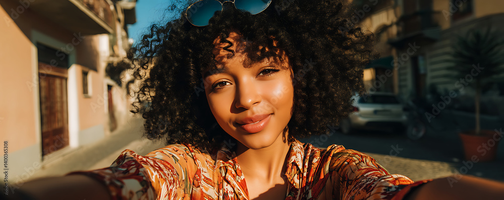 Young black woman wearing stylish sunglasses and a colorful floral blouse smiles brightly while taking a selfie in sunlight beside a pastel building with textured walls