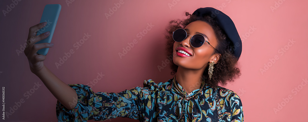 Young black woman wearing stylish sunglasses and a colorful floral blouse smiles brightly while taking a selfie in sunlight beside a pastel building with textured walls