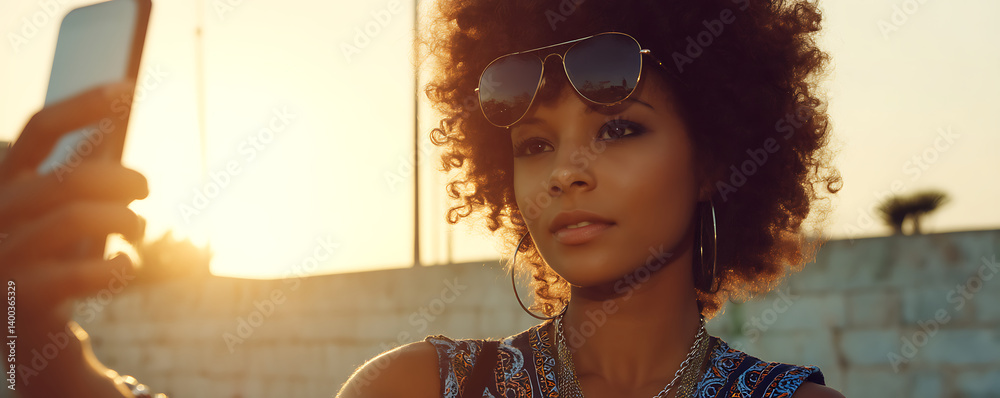 Young black woman wearing stylish sunglasses and a colorful floral blouse smiles brightly while taking a selfie in sunlight beside a pastel building with textured walls