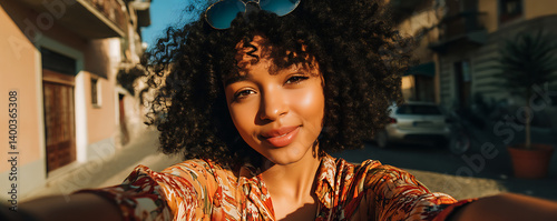 Obraz na płótnie Young black woman wearing stylish sunglasses and a colorful floral blouse smiles brightly while taking a selfie in sunlight beside a pastel building with textured walls w salonie