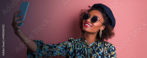 Obraz na płótnie Young black woman wearing stylish sunglasses and a colorful floral blouse smiles brightly while taking a selfie in sunlight beside a pastel building with textured walls w salonie