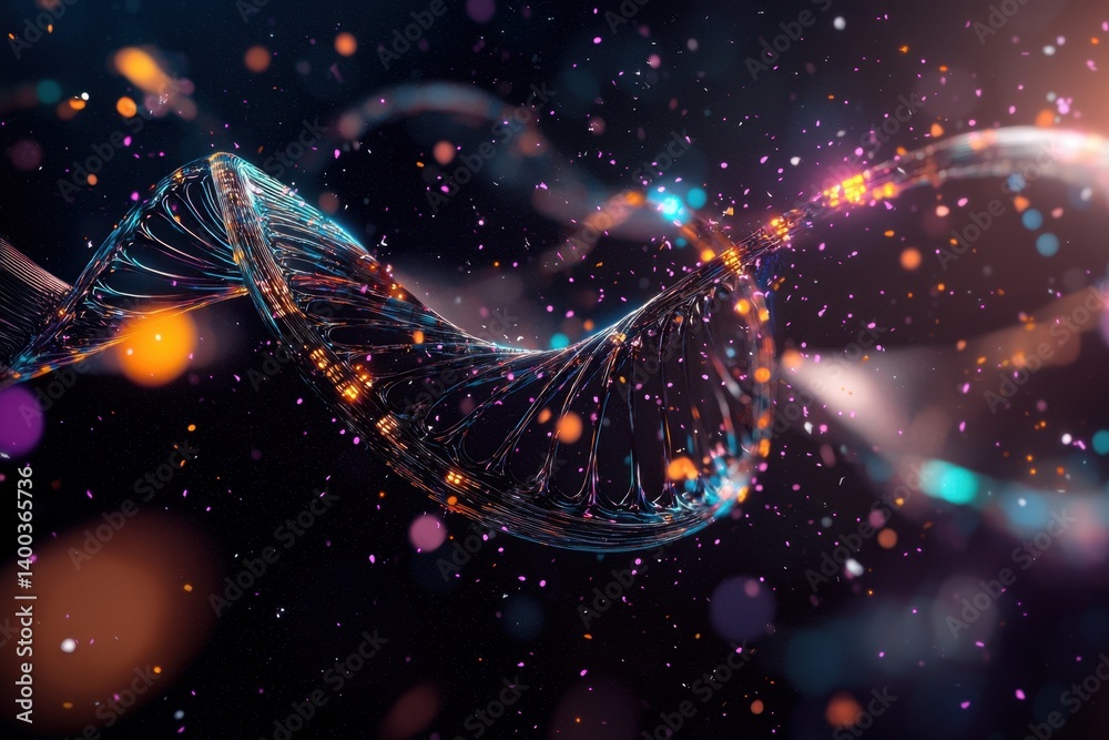 Dynamic visualization of dna strands in abstract art digital creation nighttime setting futuristic concept captivating viewpoint scientific innovation
